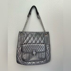 Coach Poppy Quilted Silver Tote Handbag Metallic Leather Purse